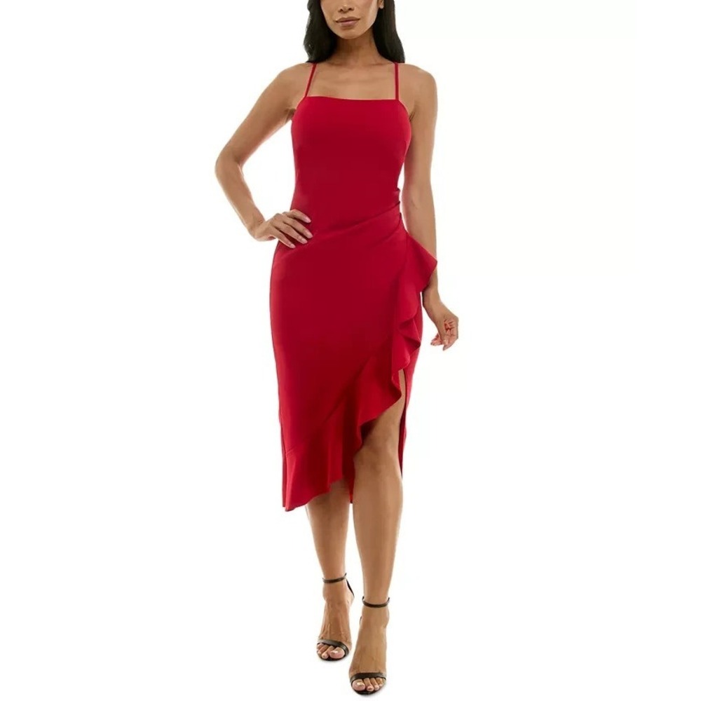 Emerald Sundae Junior's Ruffled Side-Slit Bodycon Midi Dress Burgundy/Wine Small